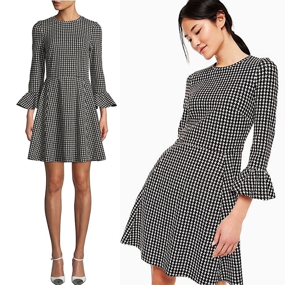 KATE SPADE Houndstooth 3/4 Ruffle Sleeves Stretch Crepe Fit & Flare Dress Size S